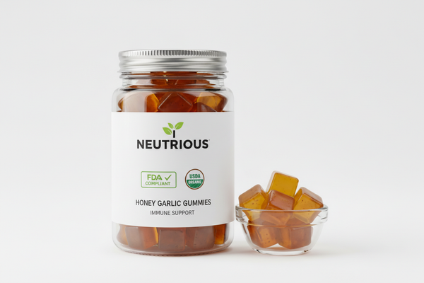 add a glass jar with honey garlic gummies with neutrious logo, fda sign, organic sign and a cup with few gummies 
