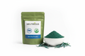 Spiriluna in neutrius pack with fda and organic approval, spiriluna powder in a bowl and spiriluna leaf near