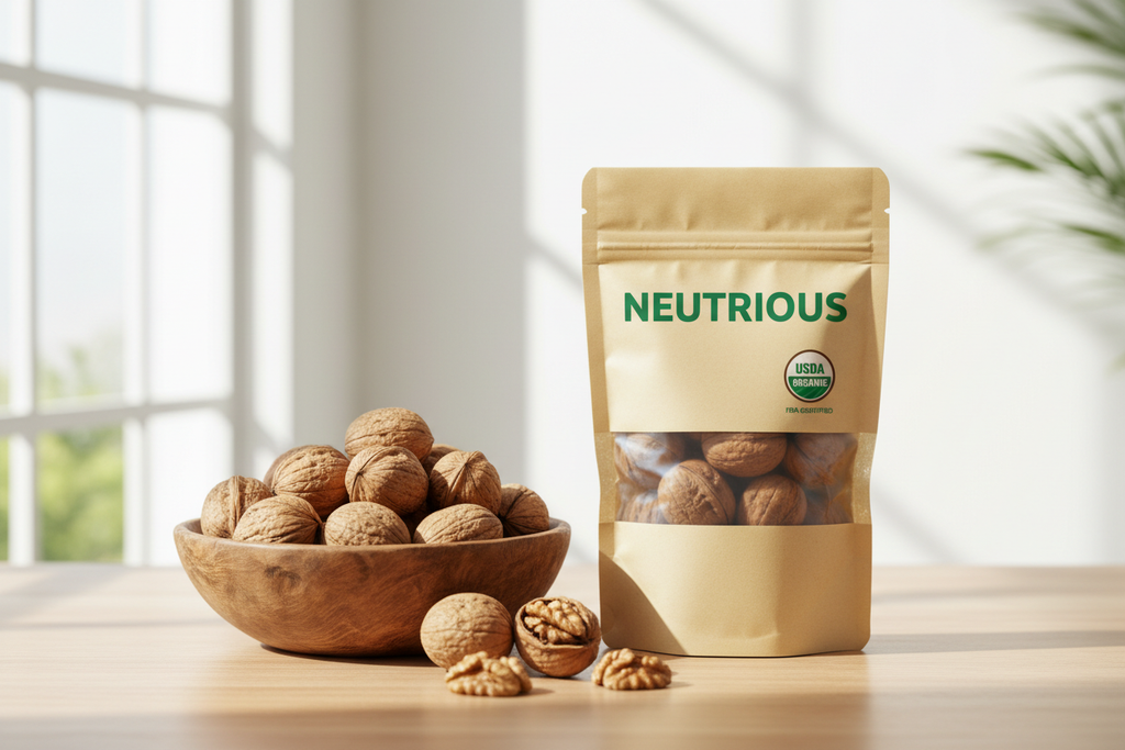 Walnut in a bowl and neutrius pack with logo fda organic